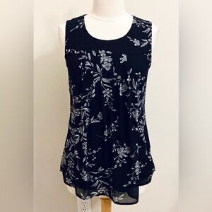 Timeson Black Grey Floral Chiffon Pleated Sleeveless Lined Casual Tank Top SZ M